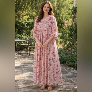 Blush Pink Floral Maxi Dress with Ruffle Bodice